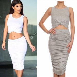 Gray 2 Piece/Set - Knotted Crop Top Ruched Skirt